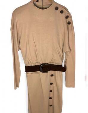 Theo Miles Vintage 80s Shoulder Button Belted Midi Dress Tan Size 6